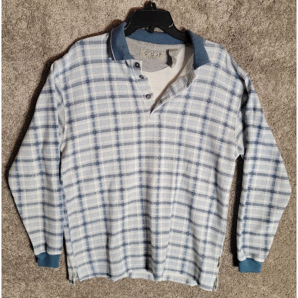 Vintage Soup Diner Men's Blue/White Plaid Waffle Knit Shirt Size Large